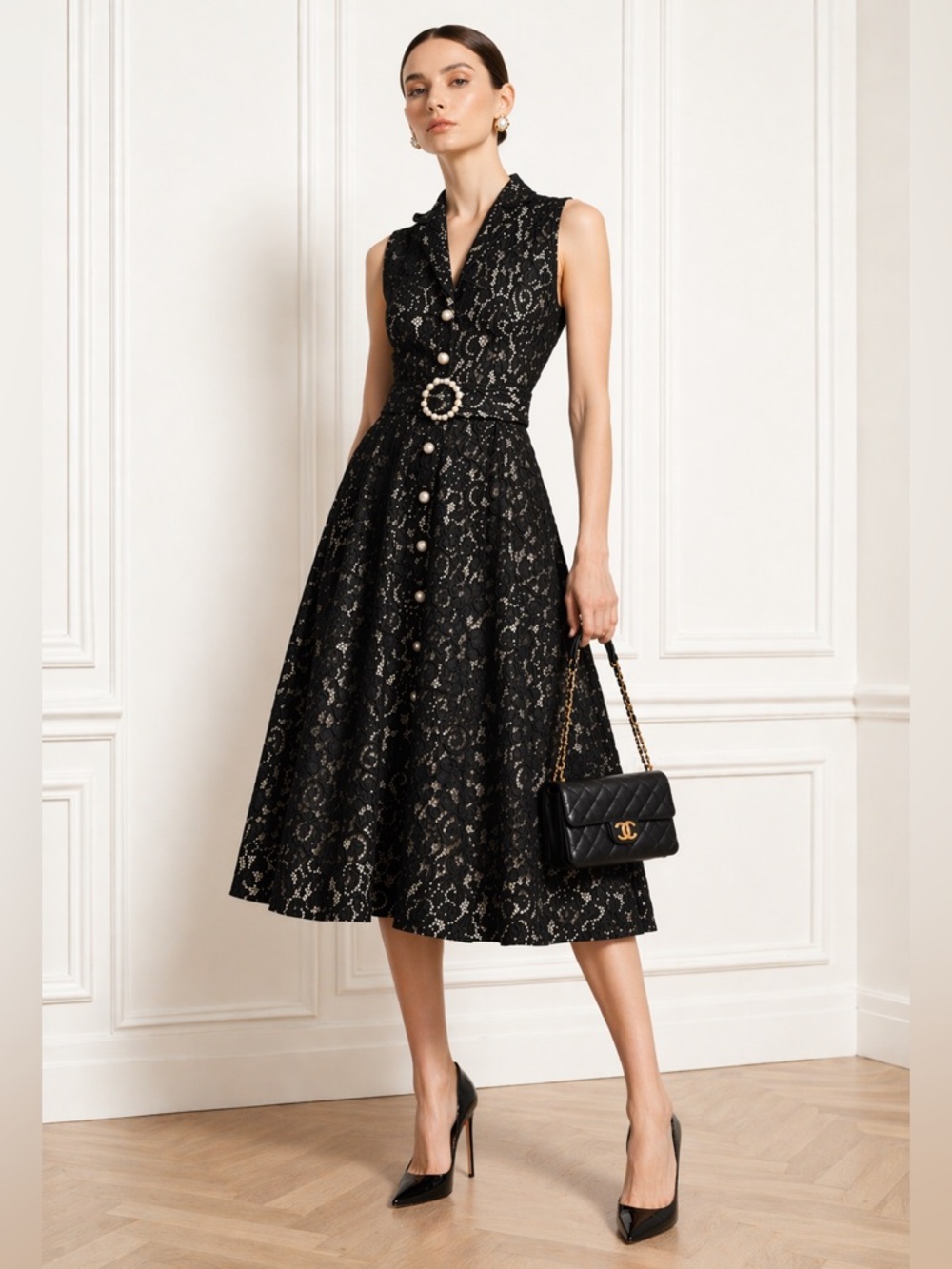 Elie Tahari Hailee Lace Midi Dress Pearl Belt Noir NWT Size 4